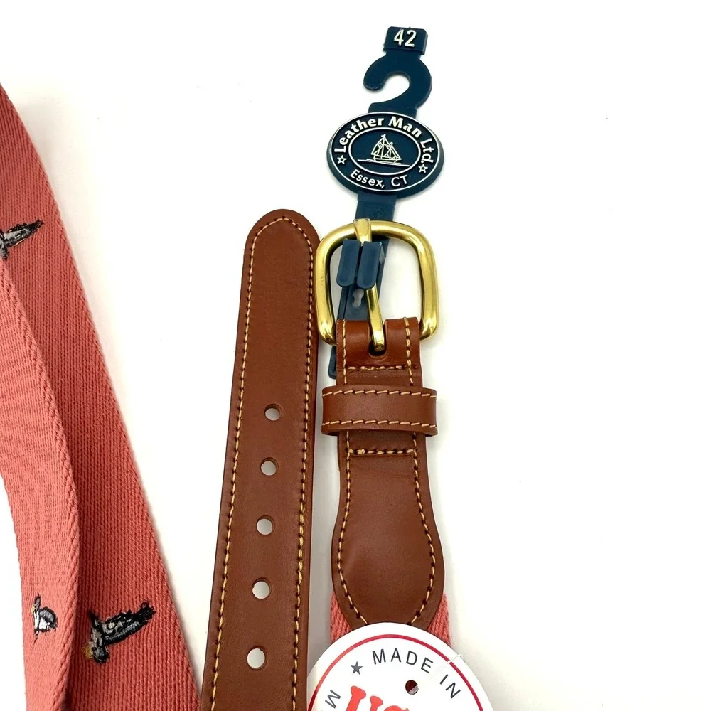 Leather‎ Man Ltd Pink Embroidered Duck Belt Size 42 USA Preppy Leather Brass